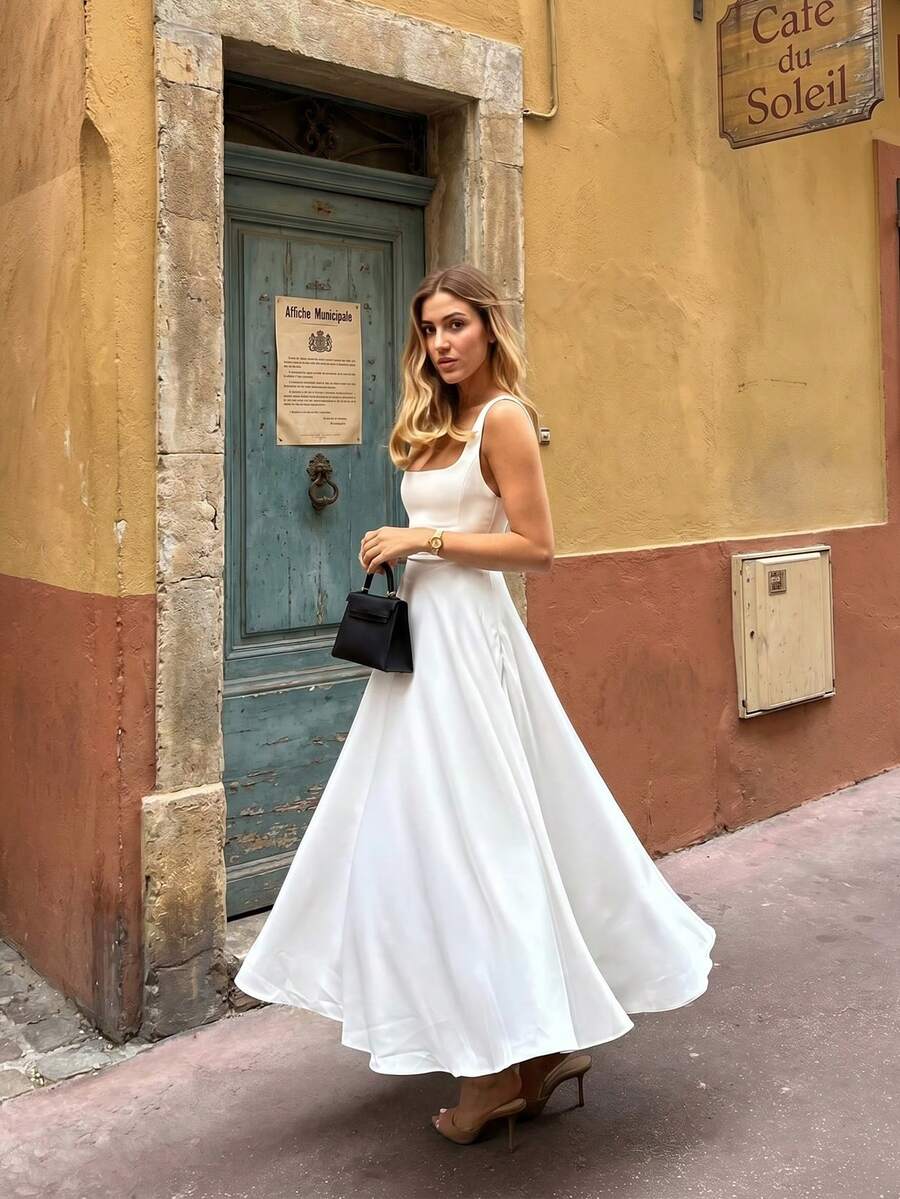 SHEIN FLORIA فستان أبيض سادة كاجوال أنيق بسحاب