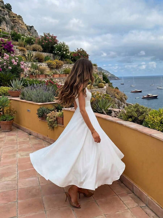 SHEIN FLORIA فستان أبيض سادة كاجوال أنيق بسحاب