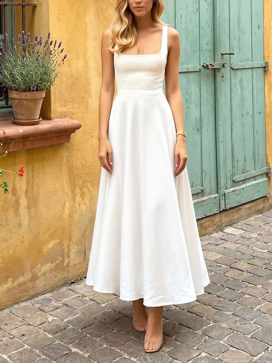 SHEIN FLORIA فستان أبيض سادة كاجوال أنيق بسحاب