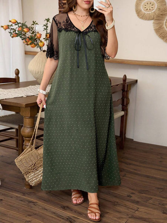 SHEIN Lacomfia فستان أخضر للمقاس كبير بنسيج من الجاكار مزين بربطة فيونكة