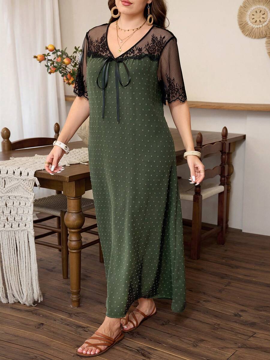 SHEIN Lacomfia فستان أخضر للمقاس كبير بنسيج من الجاكار مزين بربطة فيونكة