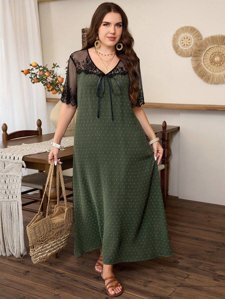 SHEIN Lacomfia فستان أخضر للمقاس كبير بنسيج من الجاكار مزين بربطة فيونكة