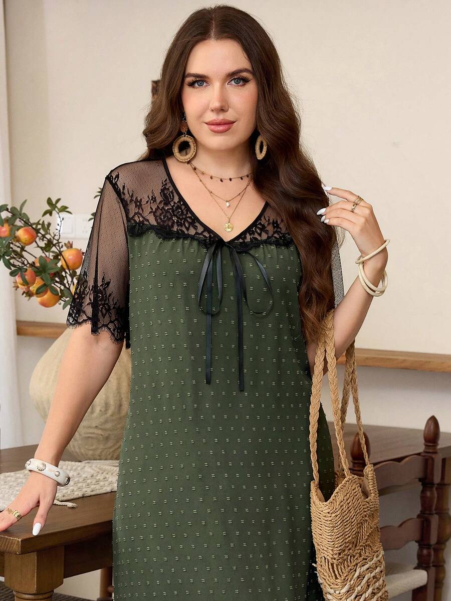 SHEIN Lacomfia فستان أخضر للمقاس كبير بنسيج من الجاكار مزين بربطة فيونكة