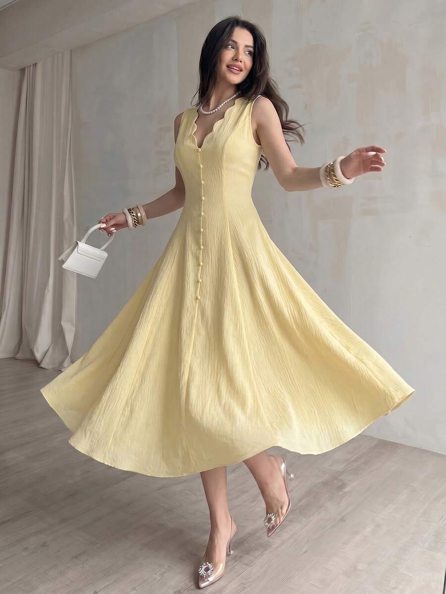 SHEIN MODELYN فستان أصفر بلا أكمام بخصر مربوط وأزرار أمامية