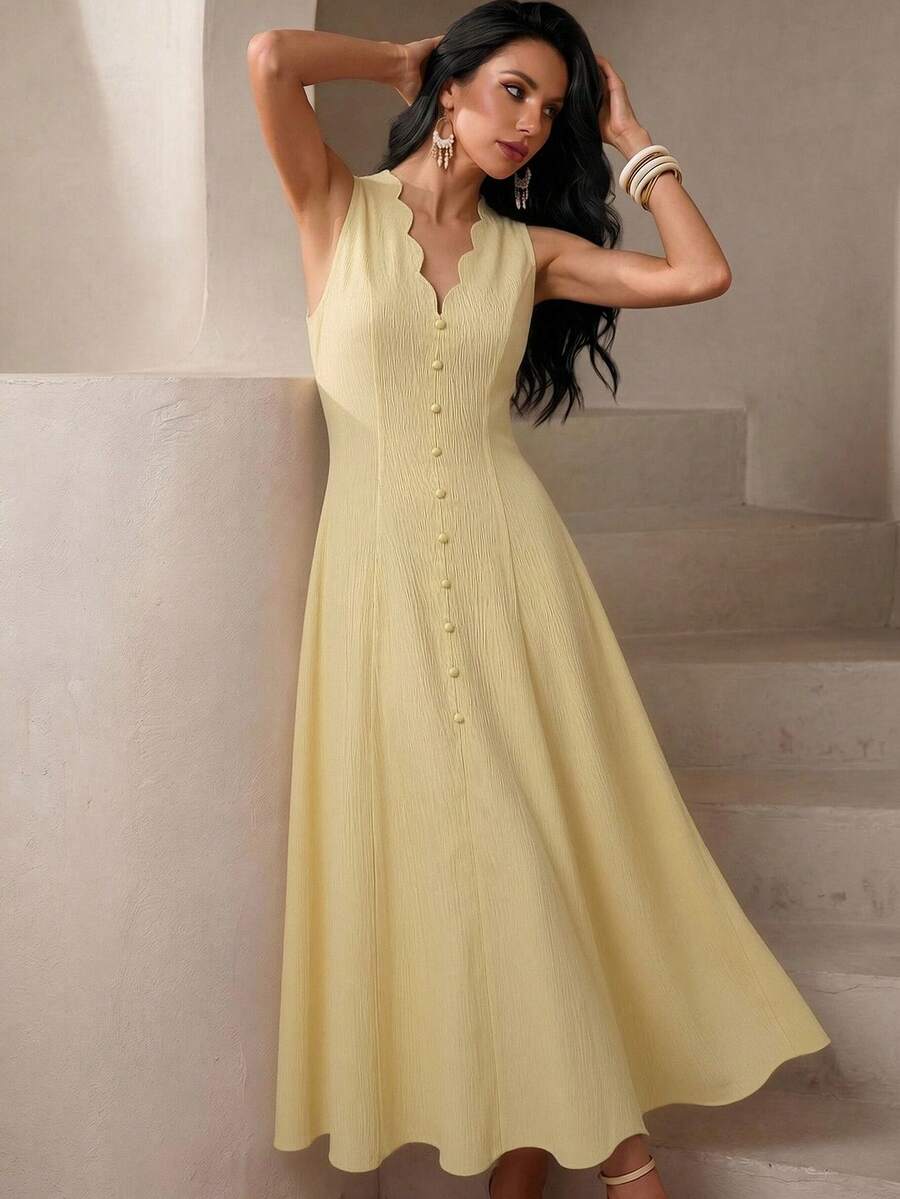 SHEIN MODELYN فستان أصفر بلا أكمام بخصر مربوط وأزرار أمامية