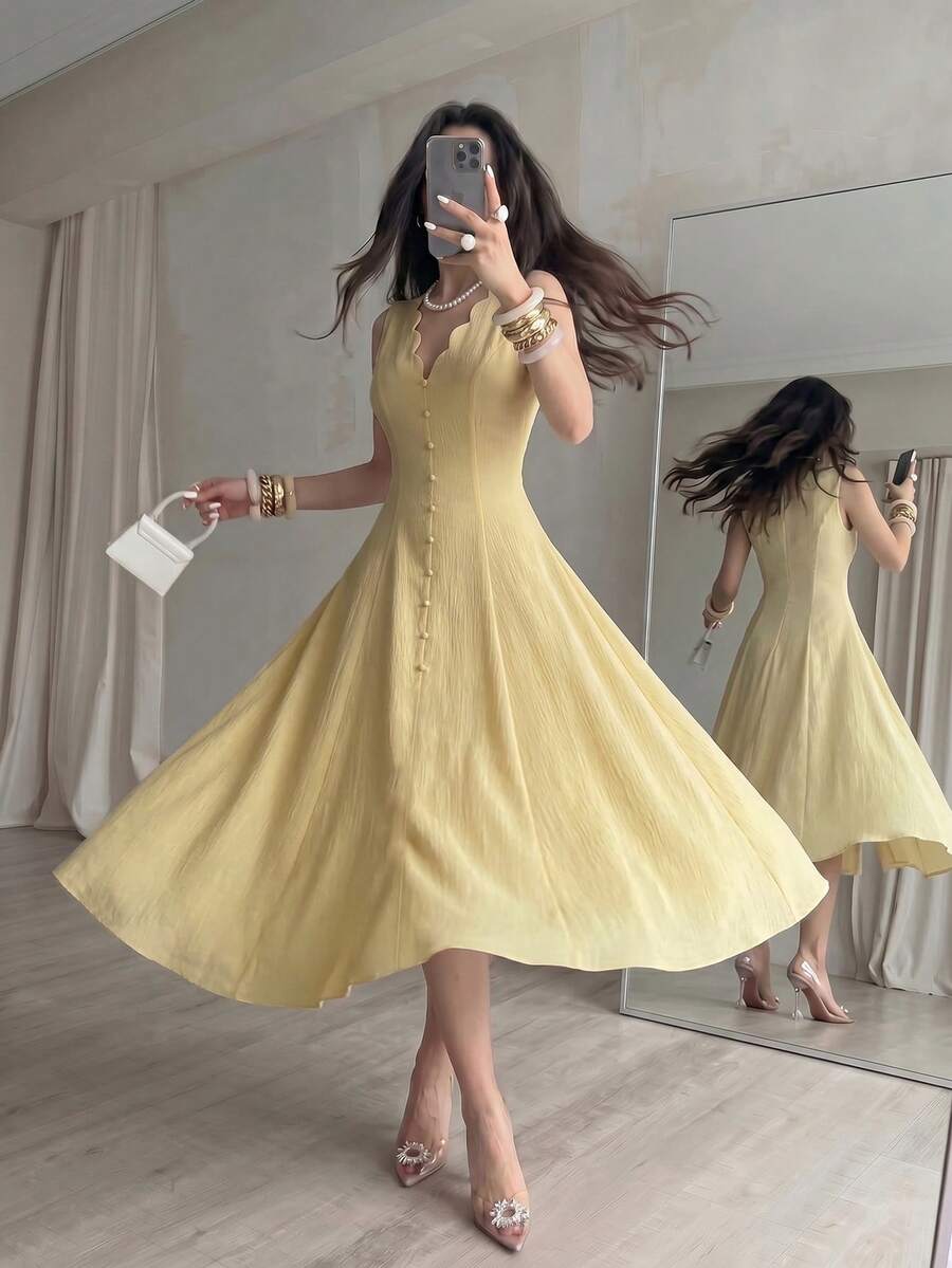 SHEIN MODELYN فستان أصفر بلا أكمام بخصر مربوط وأزرار أمامية
