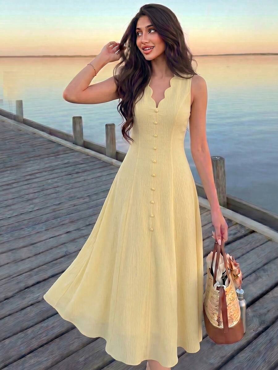 SHEIN MODELYN فستان أصفر بلا أكمام بخصر مربوط وأزرار أمامية