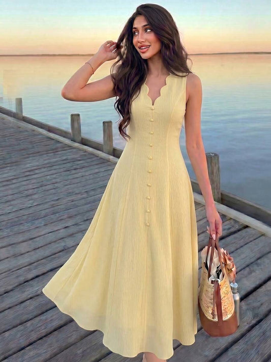 SHEIN MODELYN فستان أصفر بلا أكمام بخصر مربوط وأزرار أمامية