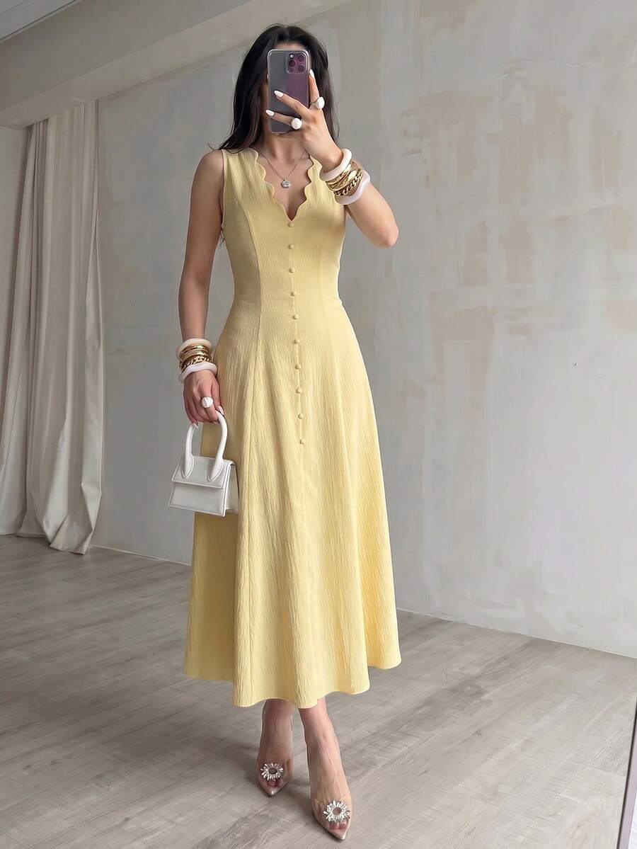 SHEIN MODELYN فستان أصفر بلا أكمام بخصر مربوط وأزرار أمامية