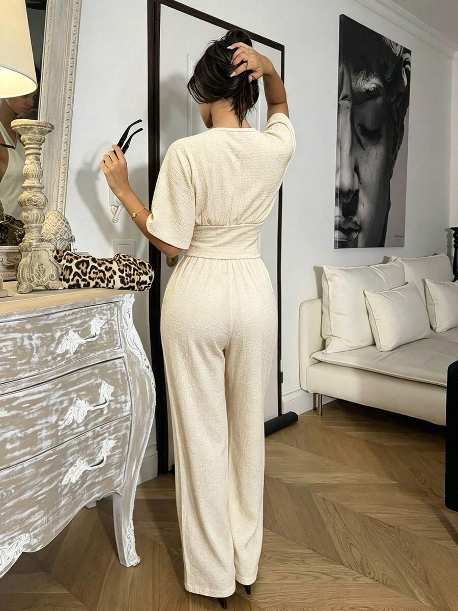 SHEIN Mulvari طقم قطعتين بلوزة وبنطال مستقيم الساق