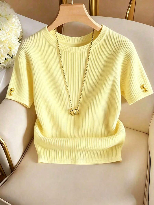 SHEIN Franclia تي شيرت أصفر بياقة دائرية بتصميم بسيط وعصري