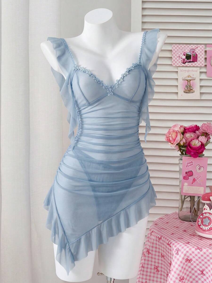 SHEIN PetitDoll طقم قطعتين فستان نوم قصير من الشبك الشفاف وسروال