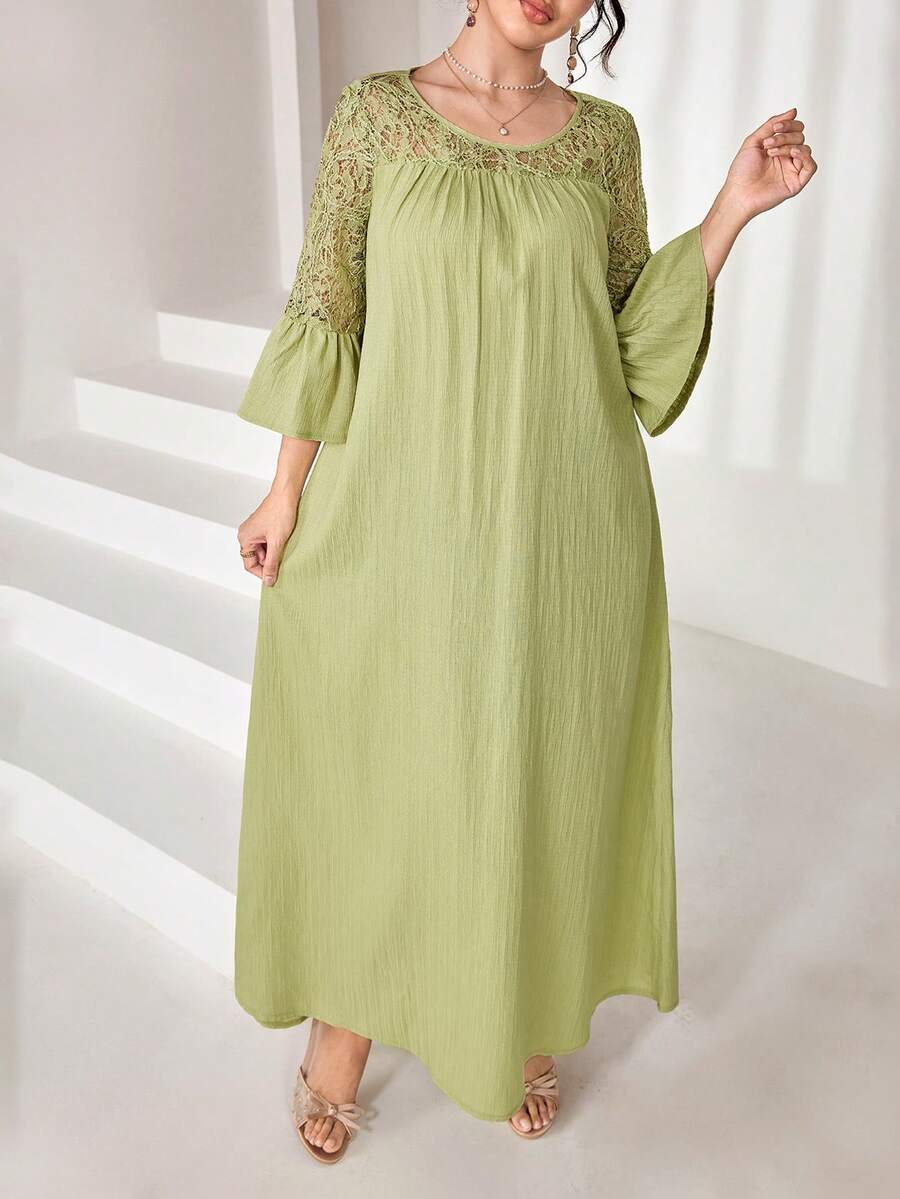 SHEIN Al Najma فستان عربي أخضر مزين بالدانتيل والرقعات