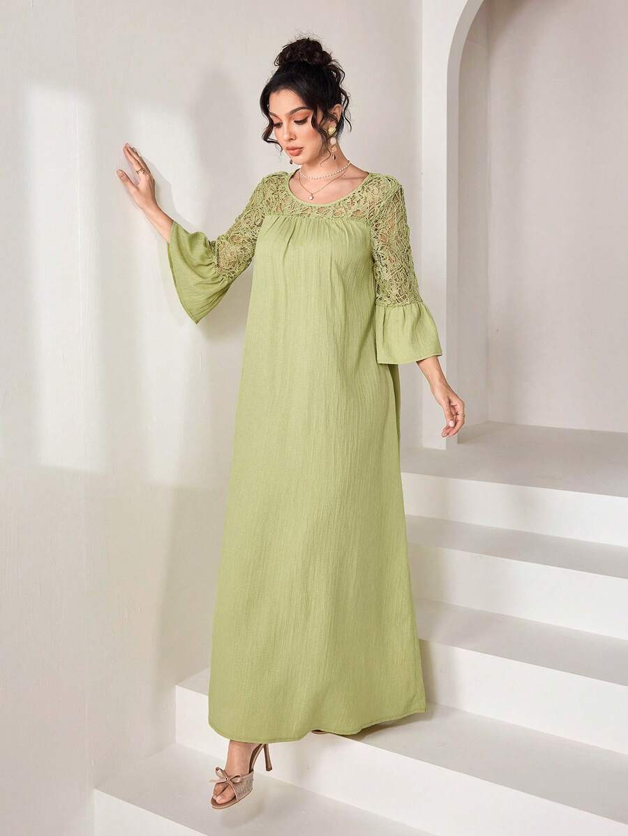 SHEIN Al Najma فستان عربي أخضر مزين بالدانتيل والرقعات