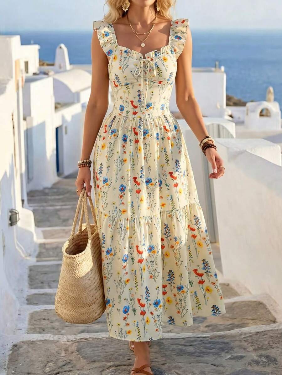 SHEIN فستان  مزهر طويل مكشكش بحمالات ربطة صدر
