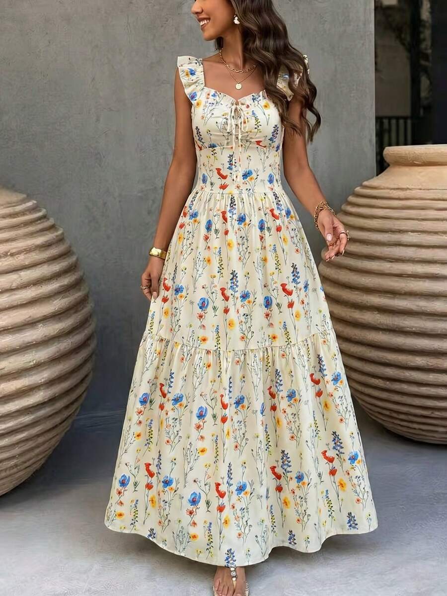 SHEIN فستان  مزهر طويل مكشكش بحمالات ربطة صدر