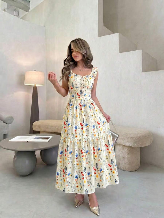SHEIN فستان  مزهر طويل مكشكش بحمالات ربطة صدر