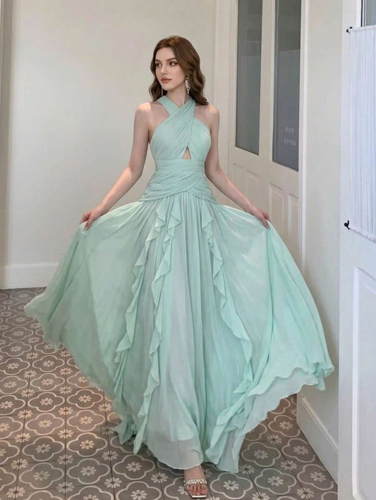 SHEIN فستان متعدد الطبقات مكشكش بترتر وتصميم مفرغ بلون أخضر نعناعي