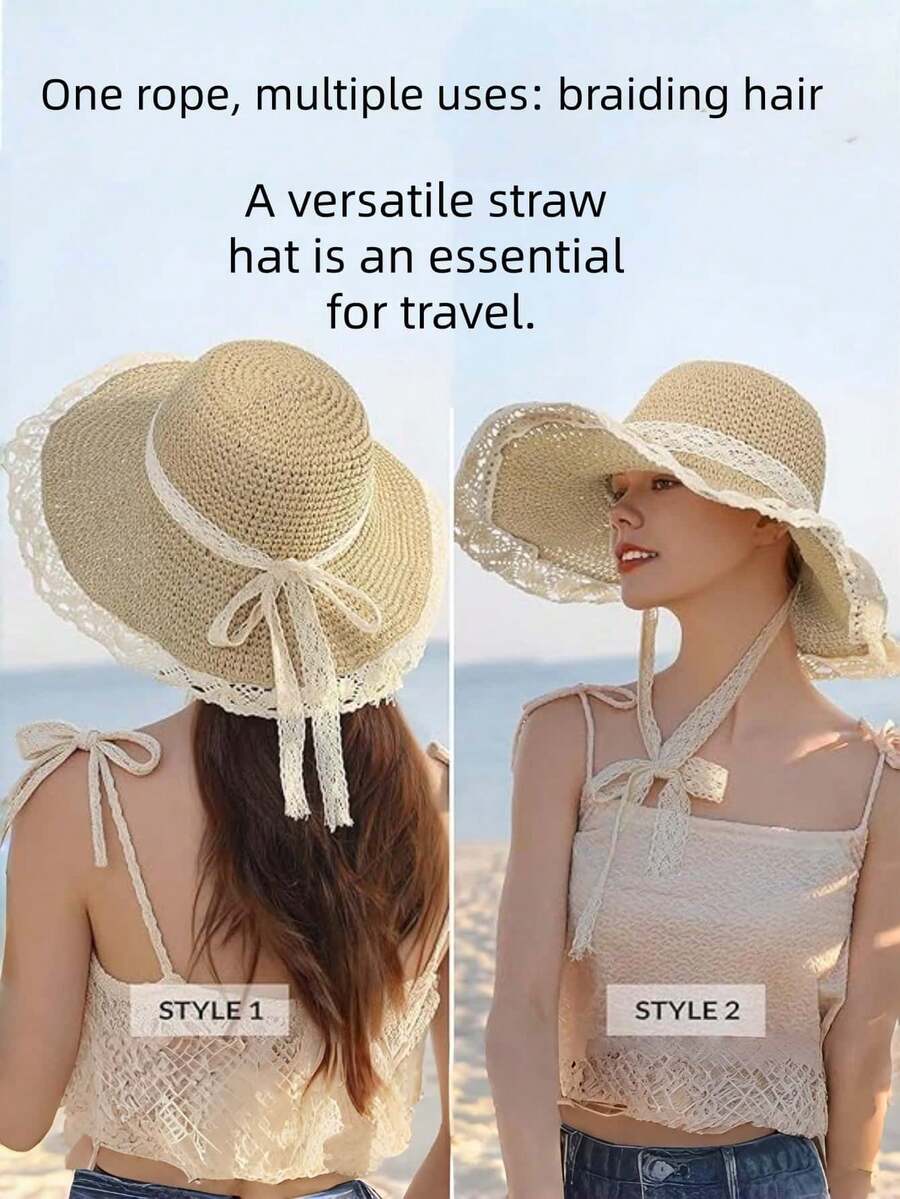 SHEIN مجموعة حقيبة كتف كروشيه وقبعة شمس قش شبكية زهرية