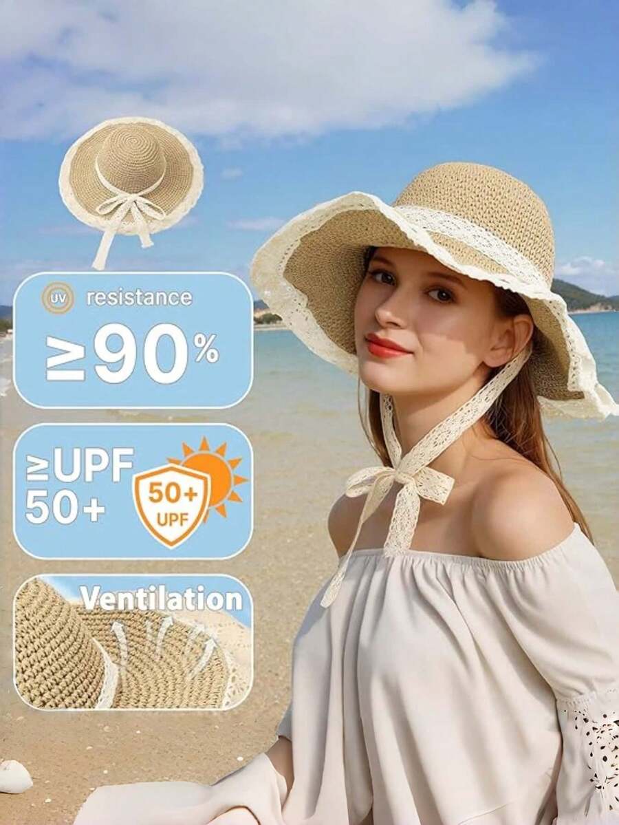 SHEIN مجموعة حقيبة كتف كروشيه وقبعة شمس قش شبكية زهرية