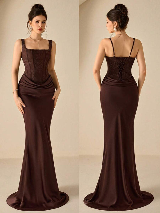 SHEIN Coutiva فستان رسمي أنيق للحفلات بلون قهوة بني