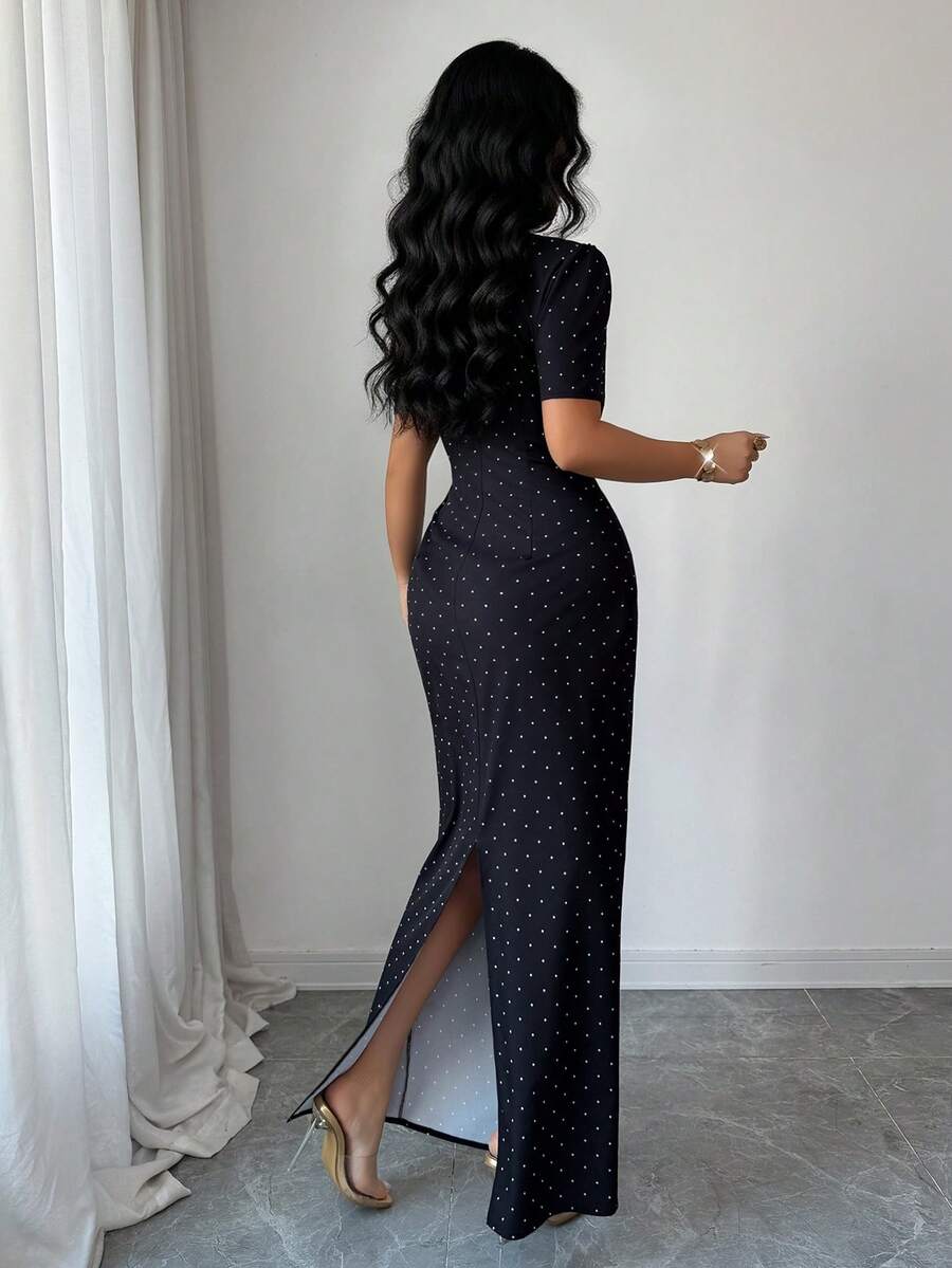 SHEIN Elenzya فستان أسود بطبعة نقاط البولكا مزين بالدانتيل عند الخصر