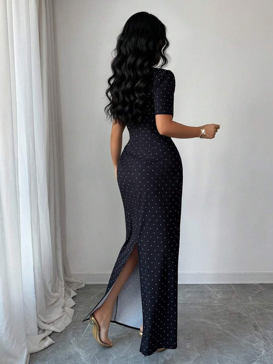SHEIN Elenzya فستان أسود بطبعة نقاط البولكا مزين بالدانتيل عند الخصر