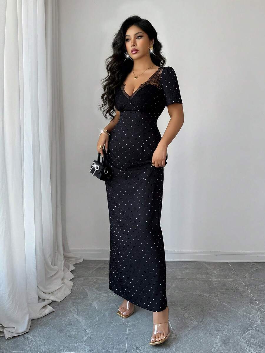 SHEIN Elenzya فستان أسود بطبعة نقاط البولكا مزين بالدانتيل عند الخصر