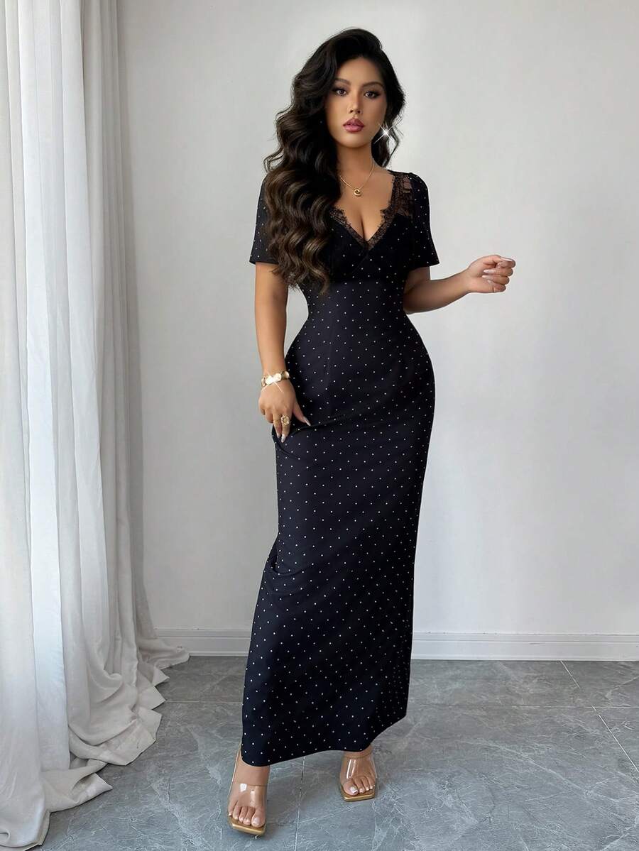 SHEIN Elenzya فستان أسود بطبعة نقاط البولكا مزين بالدانتيل عند الخصر