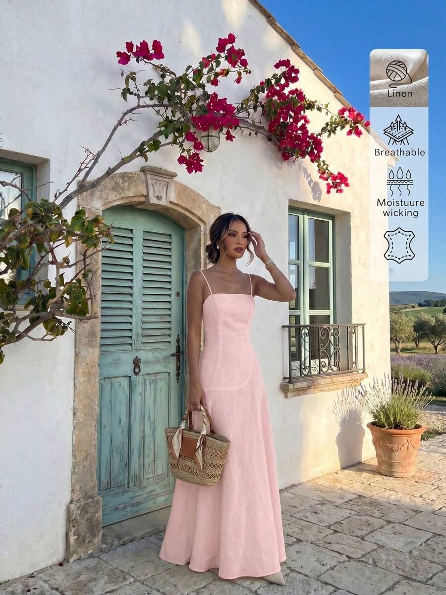 SHEIN فستان كتان وردي بقصة ضيقة وحمالات رفيعة