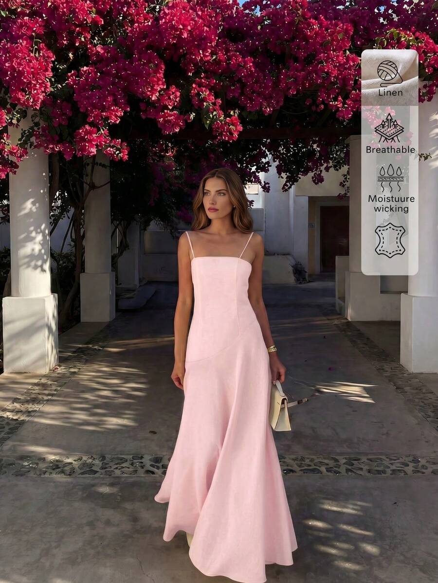 SHEIN فستان كتان وردي بقصة ضيقة وحمالات رفيعة