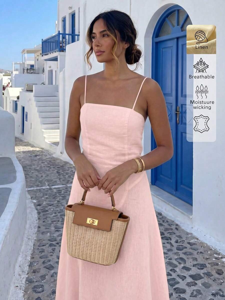 SHEIN فستان كتان وردي بقصة ضيقة وحمالات رفيعة