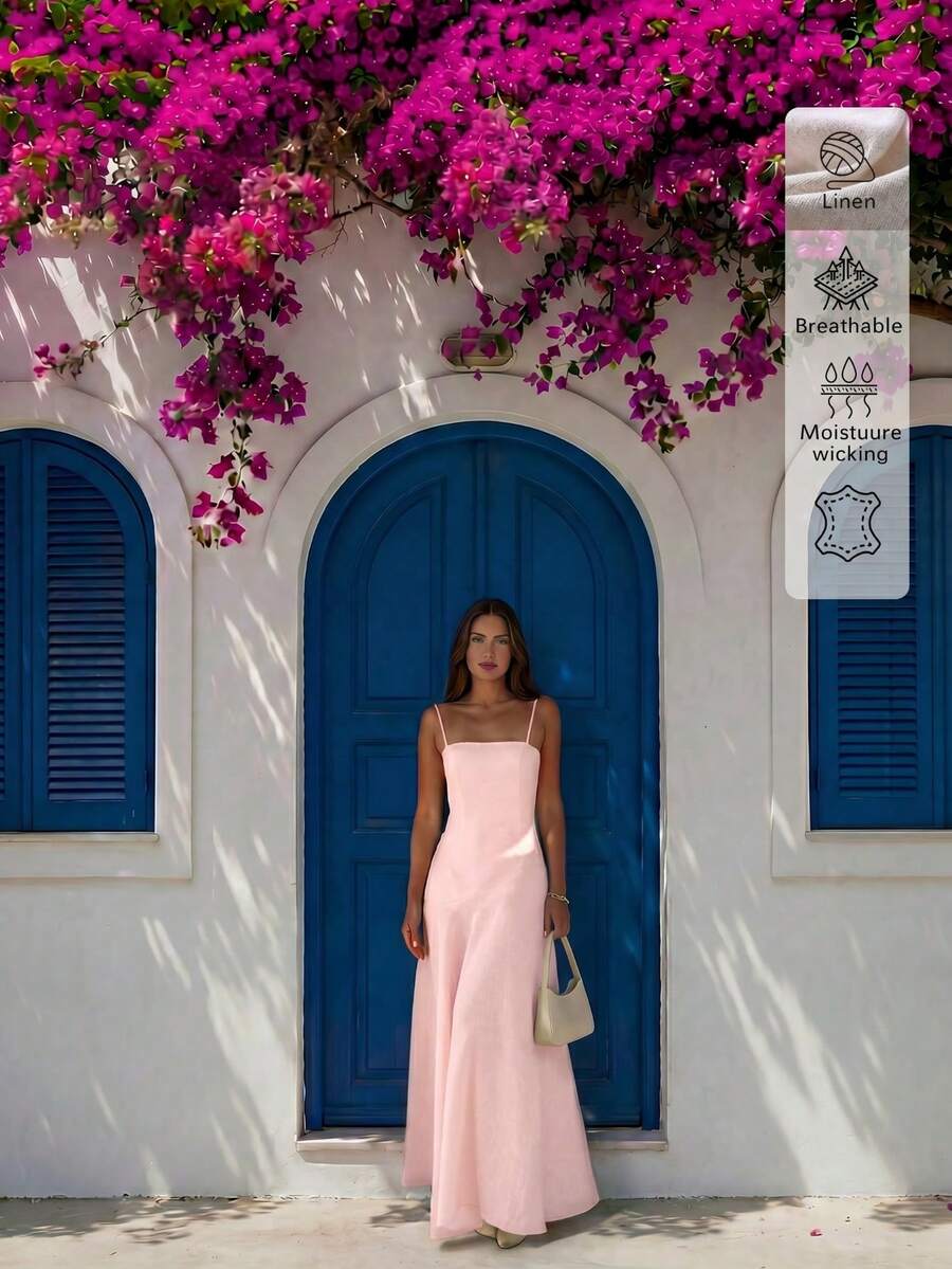 SHEIN فستان كتان وردي بقصة ضيقة وحمالات رفيعة
