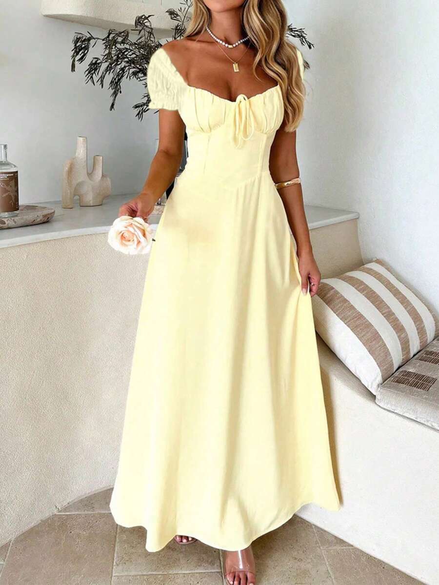 SHEIN PoPoHouse فستان بوهيمي أصفر مكشوف الكتفين بربطة خلفية