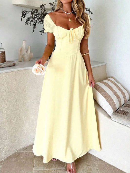 SHEIN PoPoHouse فستان بوهيمي أصفر مكشوف الكتفين بربطة خلفية