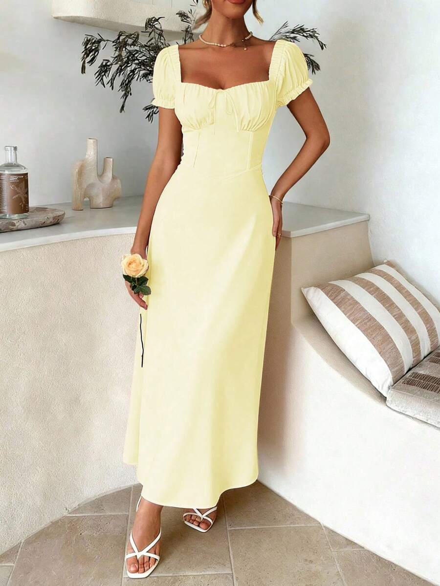 SHEIN PoPoHouse فستان بوهيمي أصفر مكشوف الكتفين بربطة خلفية