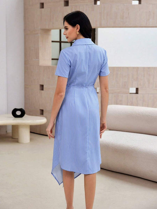 SHEIN Mulvari فستان أزرق مخطط وخصر مخصر بتصميم فرنسي أنيق