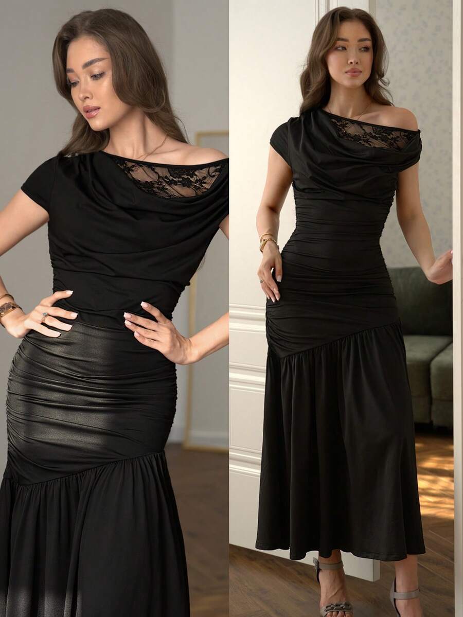 SHEIN Modelyn فستان أسود بذيل حورية وياقة غير متماثلة من الدانتيل والكشكشة