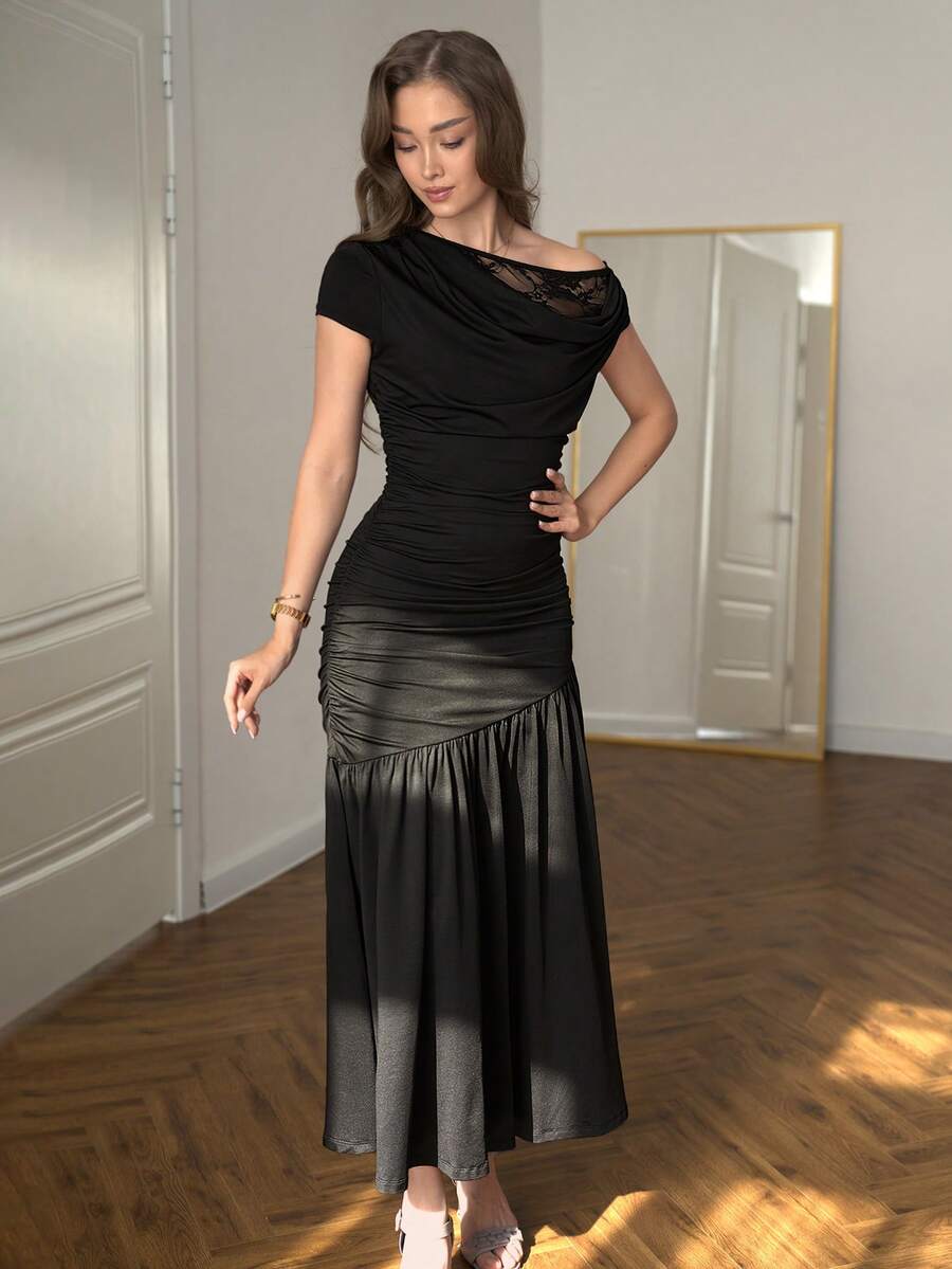 SHEIN Modelyn فستان أسود بذيل حورية وياقة غير متماثلة من الدانتيل والكشكشة