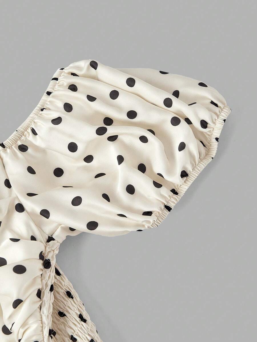 SHEIN MOD فستان ميدي بأكتاف مكشوفة وأكمام منتفخة وطبعة نقاط