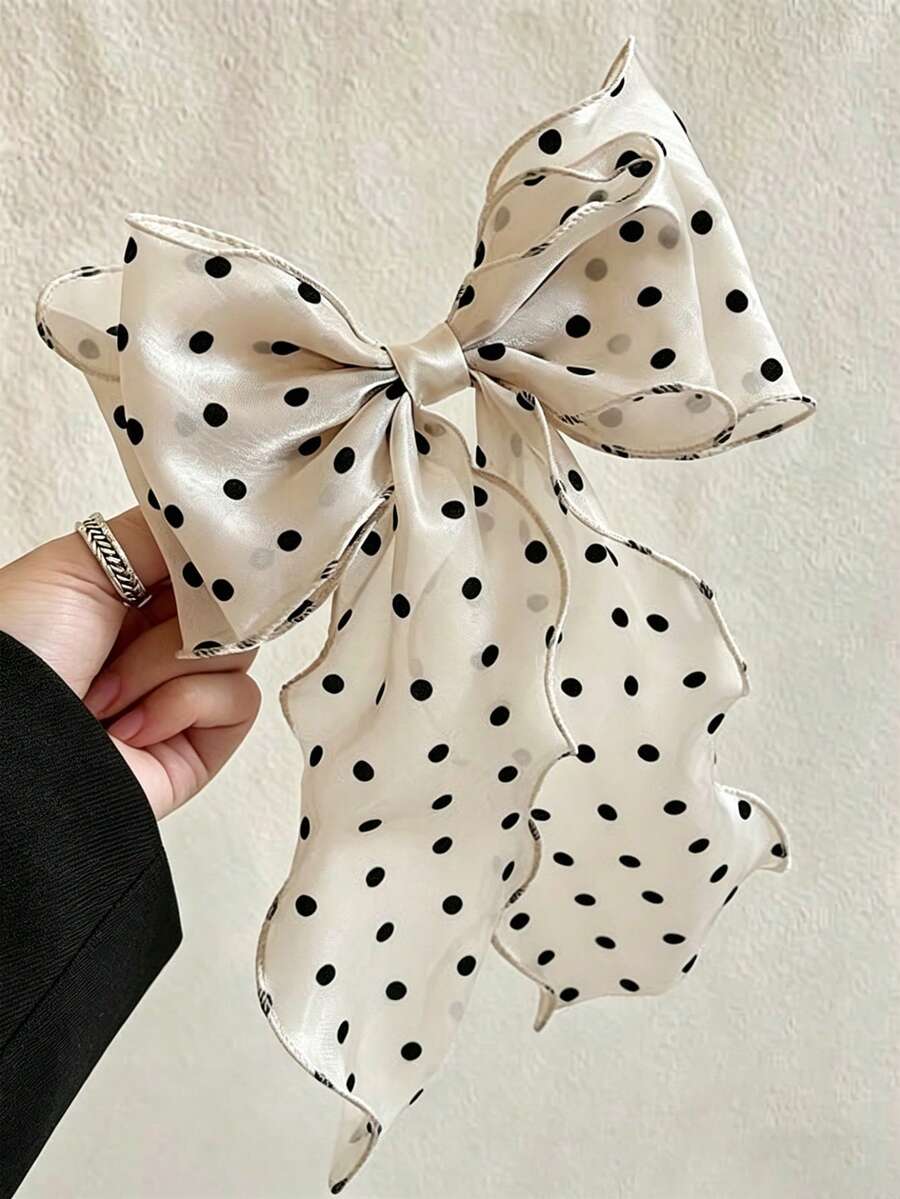 SHEIN مشبك شعر كبير من الساتان بشكل فيونكة بطبعة نقاط سوداء