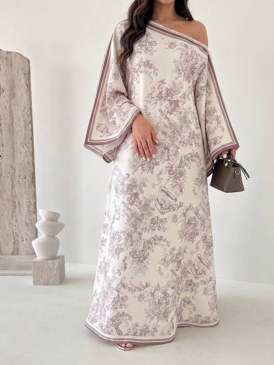 SHEIN Yasmyna فستان ماكسي تركي بأكمام طويلة بكتف مكشوف
