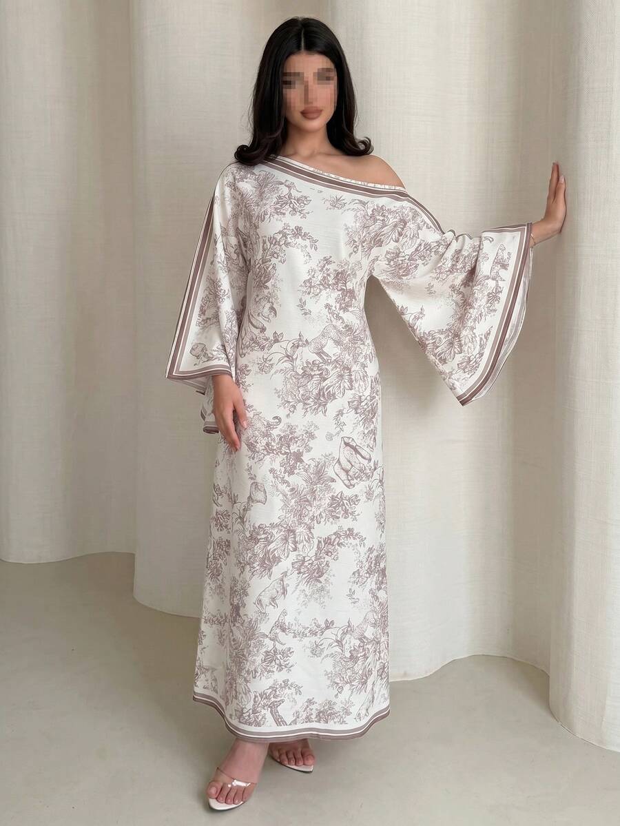SHEIN Yasmyna فستان ماكسي تركي بأكمام طويلة بكتف مكشوف