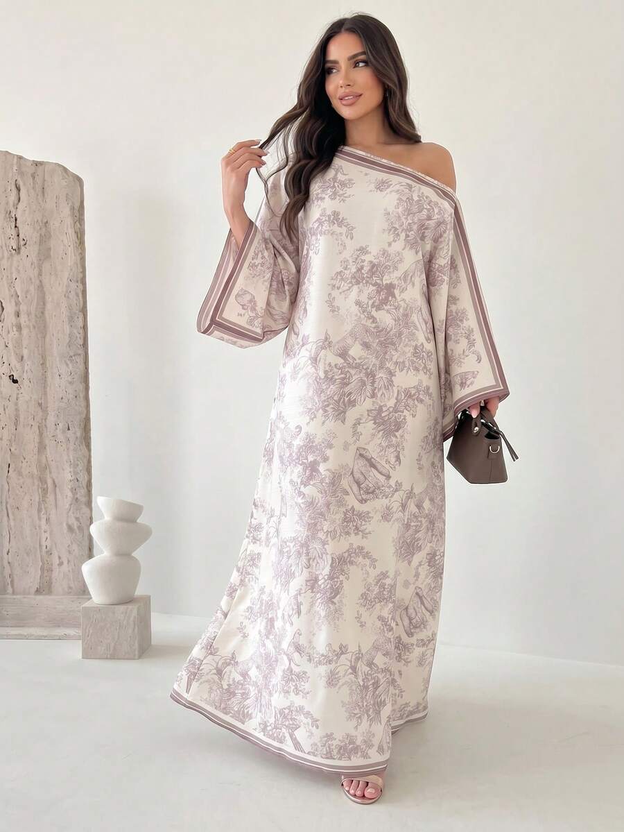 SHEIN Yasmyna فستان ماكسي تركي بأكمام طويلة بكتف مكشوف