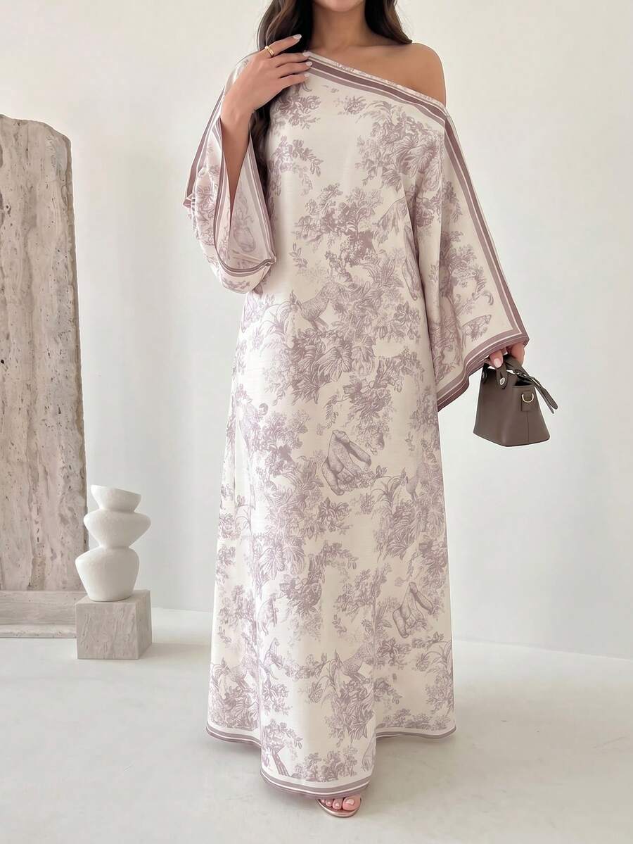 SHEIN Yasmyna فستان ماكسي تركي بأكمام طويلة بكتف مكشوف