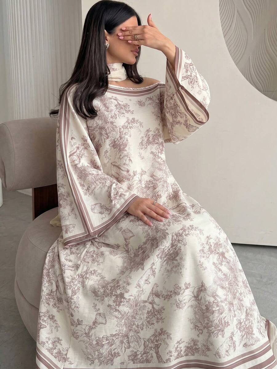 SHEIN Yasmyna فستان ماكسي تركي بأكمام طويلة بكتف مكشوف