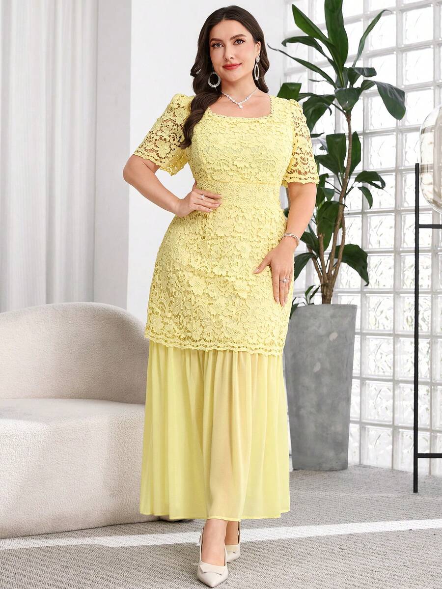 SHEIN Reflora فستان مقاس كبير بياقة مربعة ورقع دانتيل باللون الأصفر