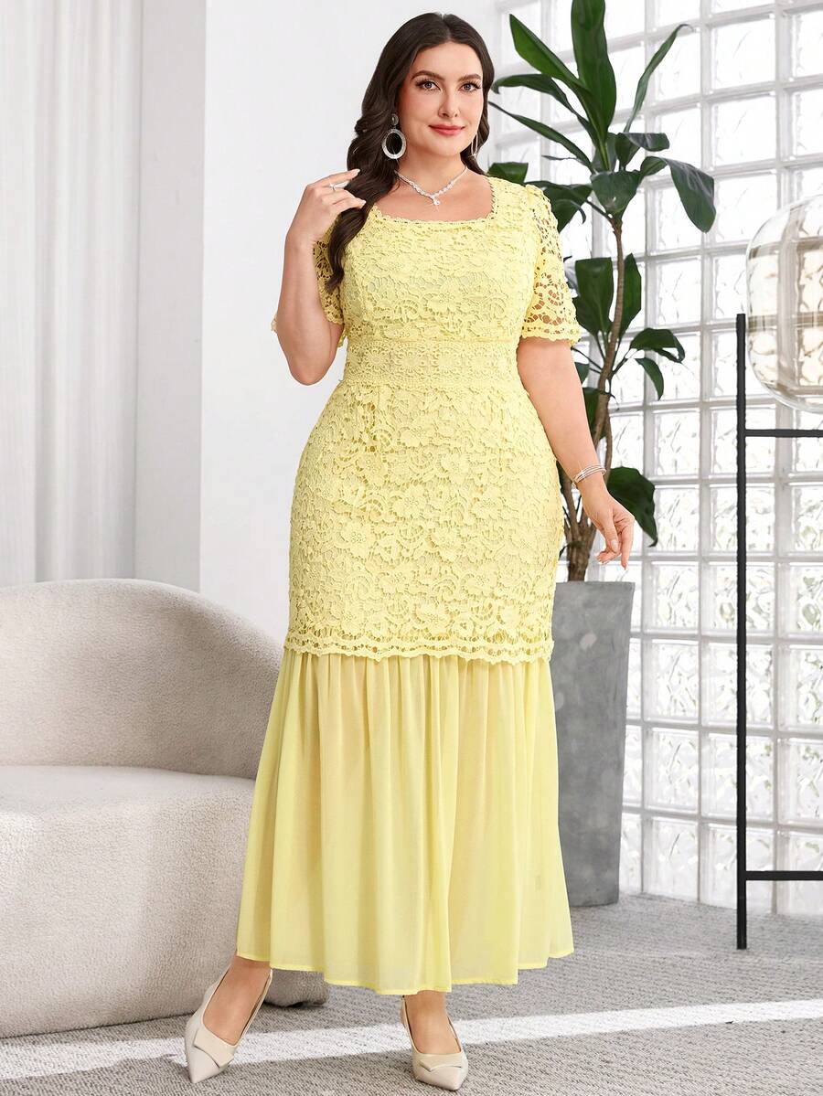 SHEIN Reflora فستان مقاس كبير بياقة مربعة ورقع دانتيل باللون الأصفر