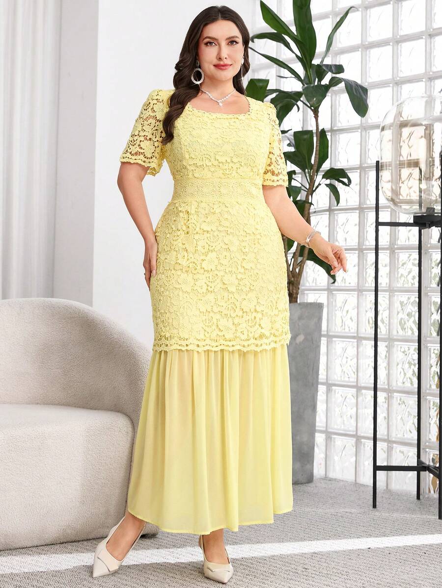 SHEIN Reflora فستان مقاس كبير بياقة مربعة ورقع دانتيل باللون الأصفر