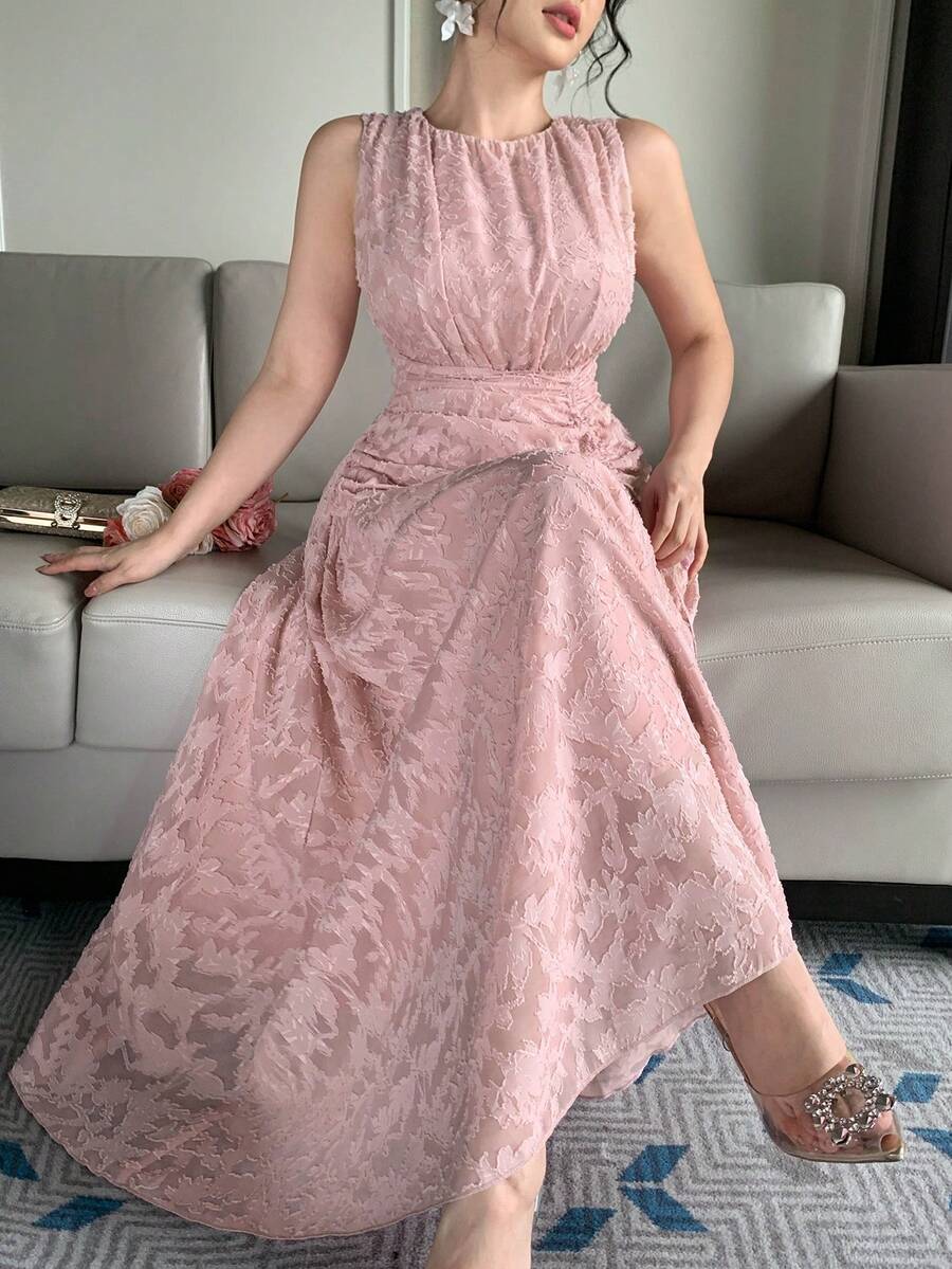SHEIN DAZY فستان وردي طويل بقماش ذو ملمس مموج